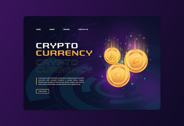 Blockchain cryptocurrency responsive landing page with realistic isometric vector illustration. Futuristic crypto currency website design for digital market.