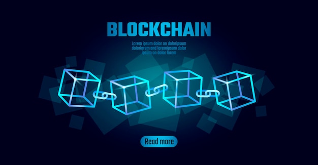 正方形のコードのブロックチェーンキューブチェーンシンボルビッグデータフロー情報青いネオン輝く現代のトレンド暗号通貨ファイナンスビットコインビジネスコンセプトベクトルイラスト背景テンプレートアート