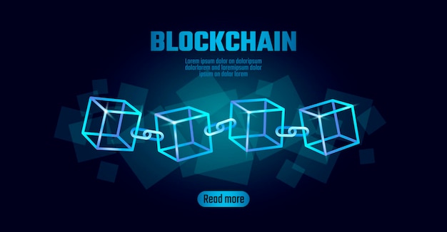 Blockchain cube chain symbol on square code big data flow information Blue neon glowing modern trend Cryptocurrency finance bitcoin business concept vector illustration background template art