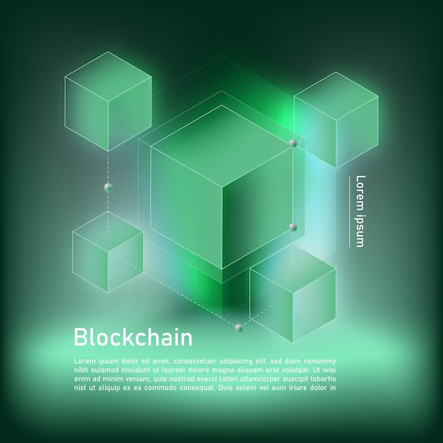 ブロックチェーン・キューブ (Blockchain Cube) の説明と背景はウェブとソーシャルで背景は緑色と青色です