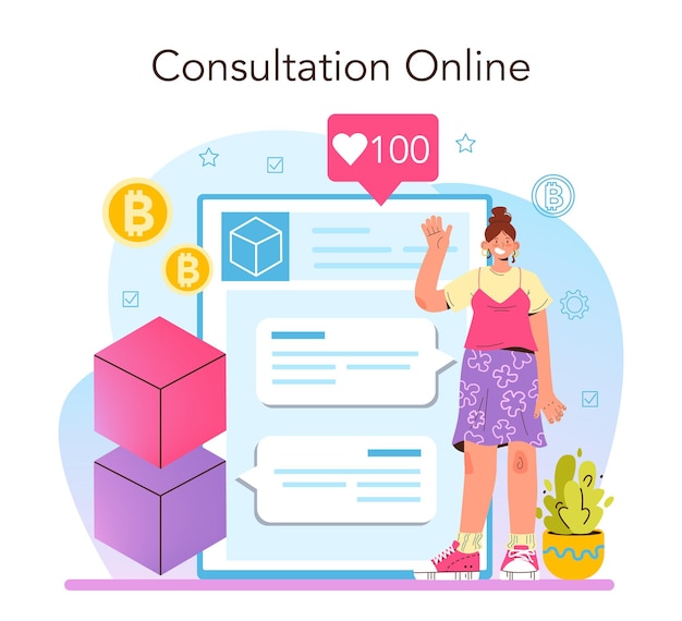 Blockchain developer online service or platform. Blockchain-based applications building and implementing. Online consultation. Flat vector illustration