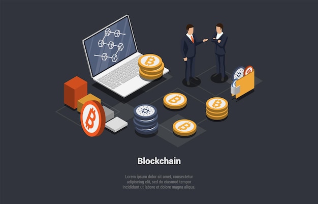 Blockchain- en cryptocurrency-zakenlieden werken aan Blockchain-opstart en technologie van crypto-transactie Binair codenummer Big Data Flow-informatie Isometrische 3D Cartoon vectorillustratie