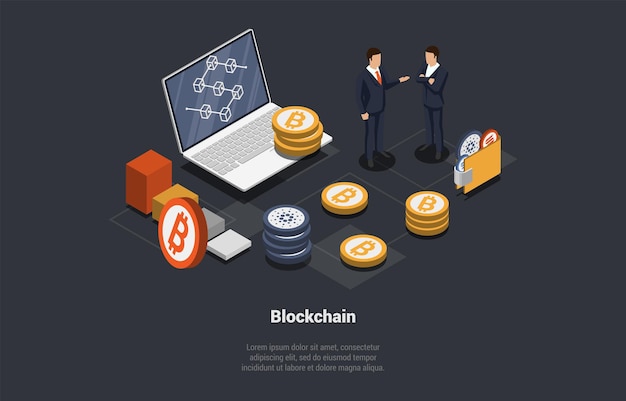 Blockchain- en cryptocurrency-zakenlieden werken aan blockchain-opstart en technologie van crypto-transactie binair codenummer big data flow-informatie isometrische 3d cartoon vectorillustratie