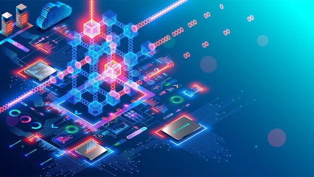 Blockchain en fintech van crypto-valuta Blockchain-technologie Mining cryptocurrency isometrisch concept Computerserver in netwerken genereert digitaal geld Toekomst van financiële technologie
