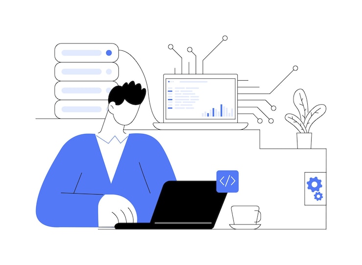 वेक्टर blockchain engineer abstract concept vector illustration professional blockchain engineer with laptop at work digital solutions modern technology computing process abstract metaphor