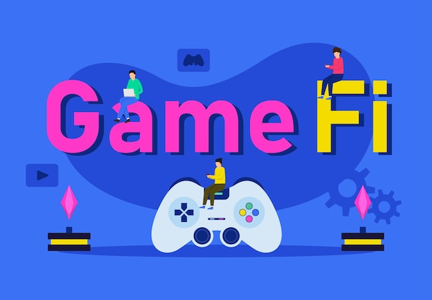 Blockchain gamefi with people and joystick 2d vector