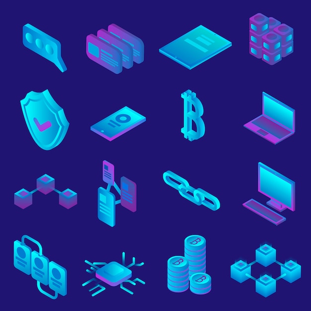 Vector blockchain icon set. isometrische set van blockchain vector iconen voor webdesign