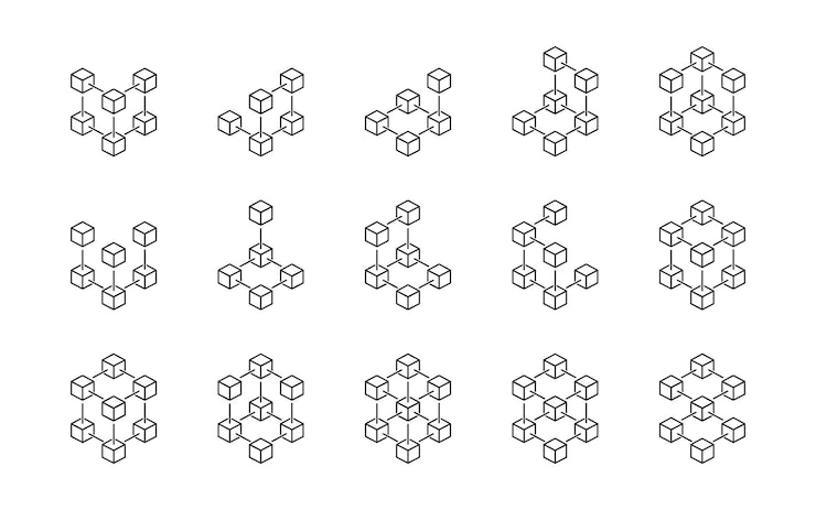 Vector 区块链线图标集 区块链二进制数据图标 区块链数字技术 数字数据结构 矢量概念 数据库系统 矢量图形 eps 10