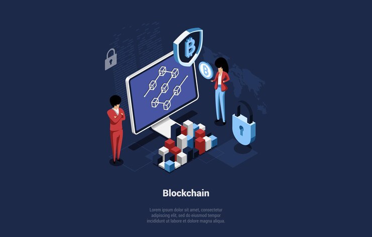 Vector blockchain mining isometric conceptual illustration