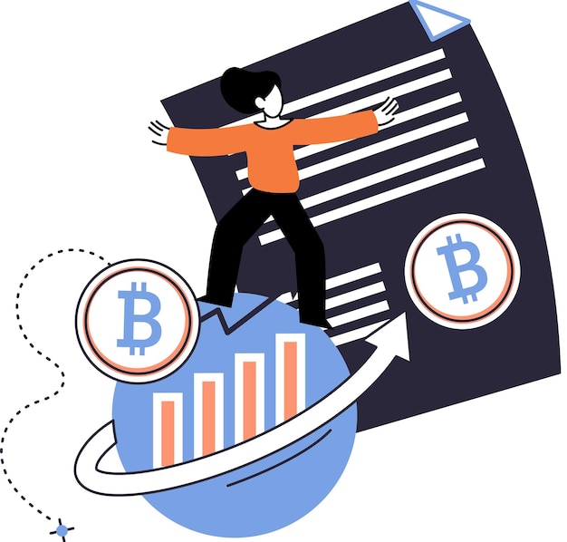 블록체인 네트워크 기술 ICO 및 암호화폐 개념 성장하는 차트를 배경으로 황금 비트코인 동전을 들고 성장하는 성공적인 사업가 가상 전자화폐 채굴 및 거래