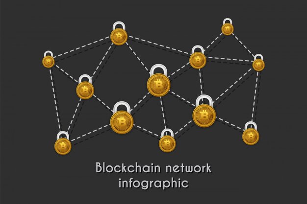 ベクトル cryptocurrencyの概念のためのインフォグラフィックなブロックチェーンネットワーク技術