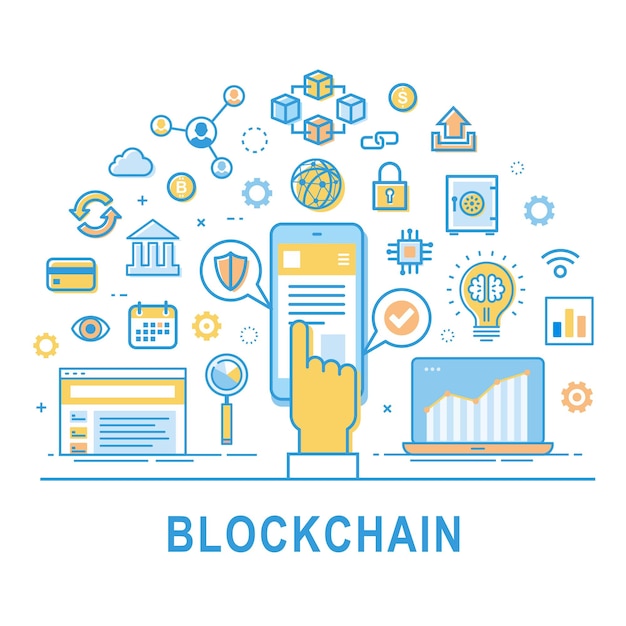 Blockchain technologie lijn vectorillustratie op witte achtergrond met tekst blockchain beveiliging cryptocurrency ontwerp met hand en smartphone vector block chain moderne pictogram logo symboolset