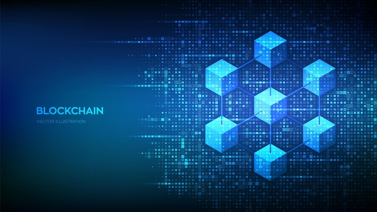 Vector blockchain technology background made with binary code information blocks in cyberspace decentralized network fintech cryptocurrency matrix background with digits 10 vector illustration