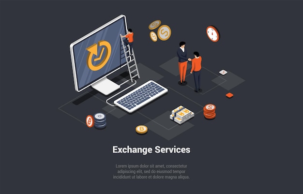 Blockchain technology bitcoin altcoins and cryptocurrency investment character have made a deal for exchange crypto at services with mobile application isometric 3d cartoon vector illustration