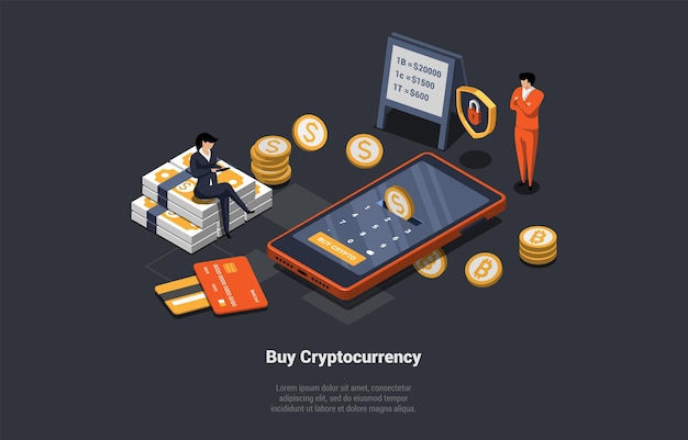 Blockchain technology bitcoin altcoins and cryptocurrency investment concept characters buying crypto using digital wallets people making highrisk investments isometric 3d vector illustration