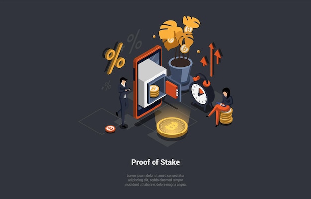 Технология Blockchain Биткойн Altcoins Mining с концепцией технологии Proof Of Stake Люди добывают криптовалюту, размещая криптовалюту с использованием POS-технологии Изометрическая 3d Cartoon Vector Illustration