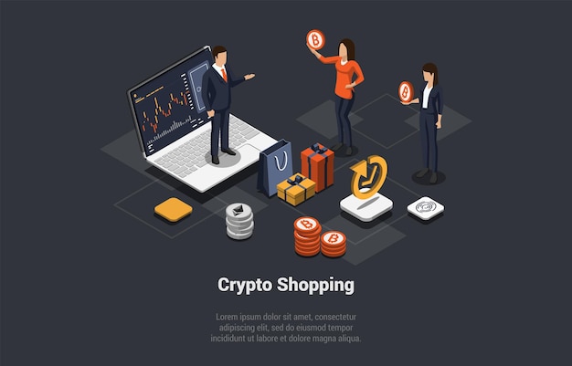 Tecnologia blockchain bitcoin altcoin e commercio di criptovaluta personaggi maschili e femminili uomo e donna acquista beni e servizi online paga con cripto isometrica 3d fumetto illustrazione vettoriale