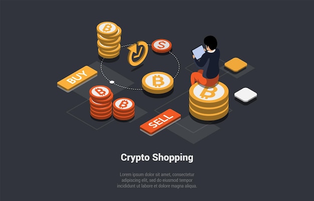 Технология blockchain биткойн altcoins торговля криптовалютным трейдером, покупающим и продающим криптовалюту на фондовом рынке обменные услуги, торгующие на планшете изометрическая трехмерная векторная иллюстрация мультфильма