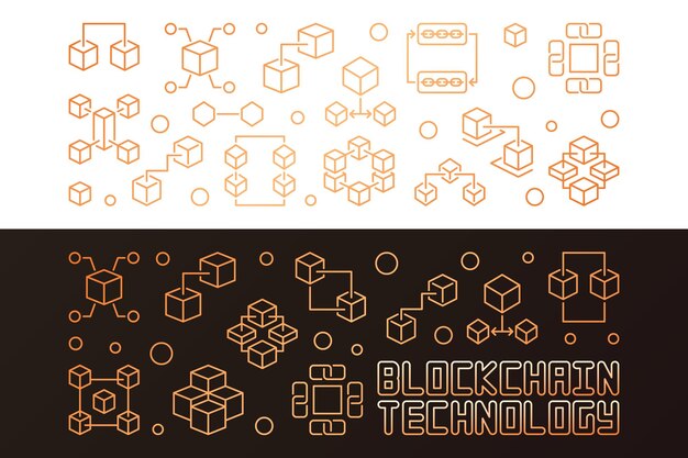 Vector blockchain technology colored golden line horizontal banners