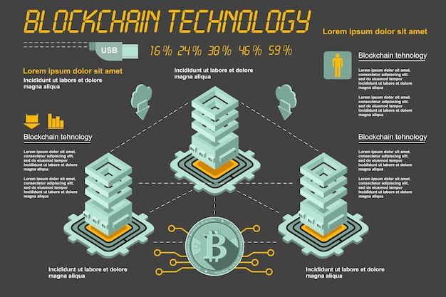 Concetto di tecnologia blockchain per l'elaborazione di big data elaborazione e archiviazione di informazioni vettoriali per data center isometrici