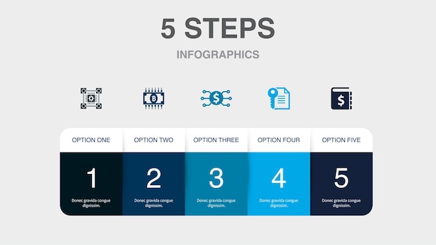 Tecnologia blockchain criptovaluta valuta digitale smart contract icone del libro mastro modello di layout di progettazione infografica concetto di presentazione creativa con 5 passaggi