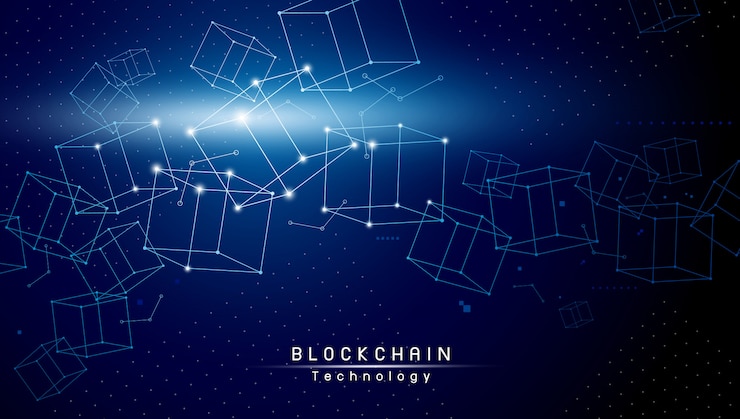 Vector blockchain technology design on blue background