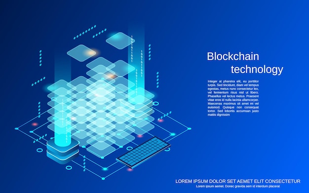 ブロックチェーン技術フラット3dアイソメトリックベクトルの概念図