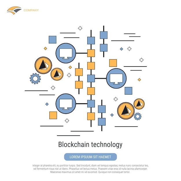 Vector blockchain technology flat contour style vector concept illustration