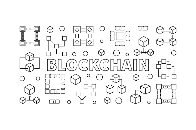 Blockchain vector horizontal banner in thin line style