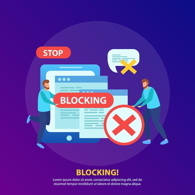 blocking tablet ip address from wifi network stopping abusive messages isometric illustration composition with stop sign