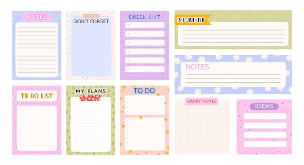 Blocnotes bladen sjabloon Cartoon kinderen planner pagina's om te doen en checklist Kladblok schema en gelinieerd papier Racy schattig dagboek dagboek vector ontwerp van Kladblok en memo lijst illustratie