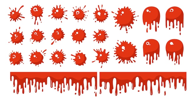 Bloed splash splatter rode cartoon set vlek splat halloween collectie drop horror splashes vector
