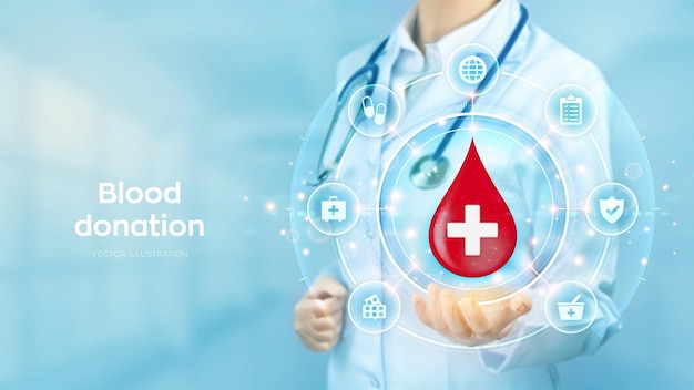 Bloeddonatie concept Wereld bloeddonor dag bewustzijn Dokter in de hand druppel bloed houden met medische kruis icoon en geneeskunde iconen netwerkverbinding op virtueel scherm Vector illustratie