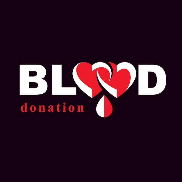 Bloeddonatie inscriptie gemaakt met hartvorm en bloeddruppels. Conceptueel logo van liefdadigheid en vrijwilligers voor gebruik in advertenties met medische en sociale thema's.