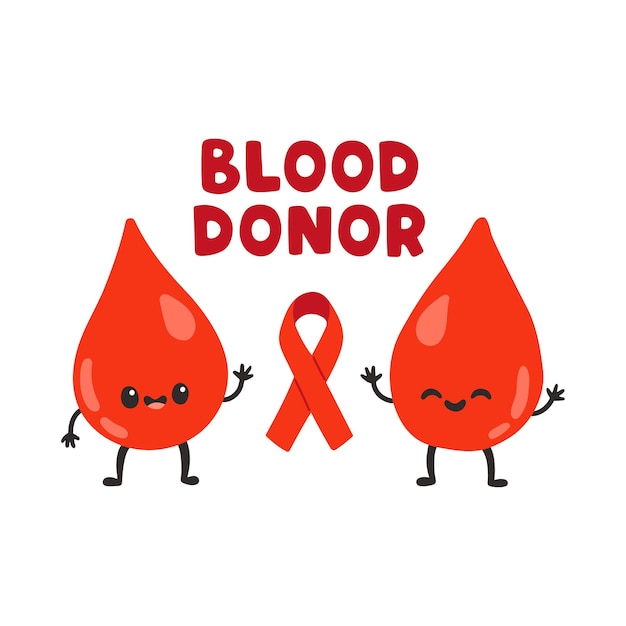Bloeddonor, schattige bloeddruppels en rood lint. Handgetekende vectorillustraties. Doneer bloed, gezondheid