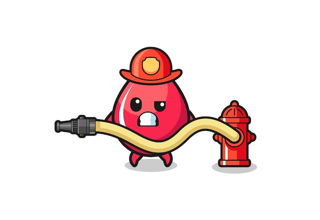 Bloeddruppel cartoon als brandweerman mascotte met waterslang