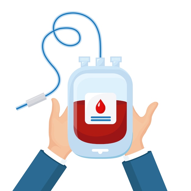 Vector bloedzak met rode daling in vrijwilligershand op witte achtergrond. donatie, transfusie in het concept van het geneeskundelaboratorium. red het leven van een patiënt. pack van plasma.