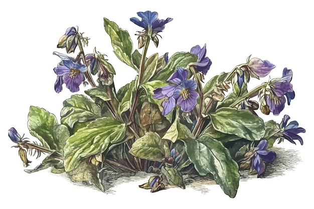 Bloeide lungworts bloemen realistische tekening in retro stijl geïsoleerd op achtergrond Cartoon vectorillustratie