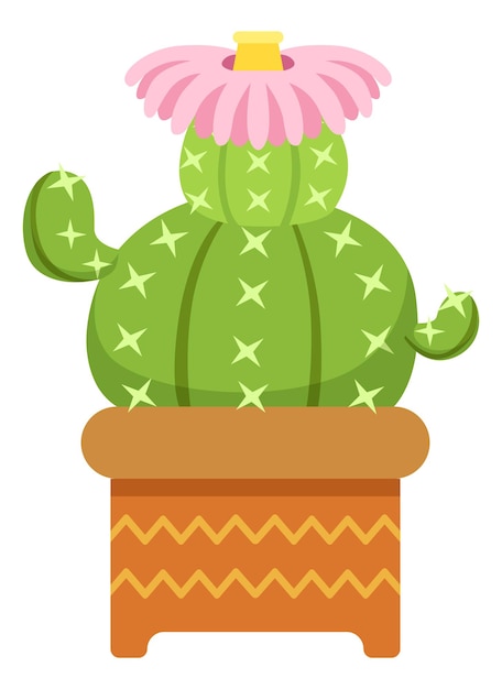 Vector bloeiende cactus groene cartoon sappig in keramische pot geïsoleerd op een witte achtergrond