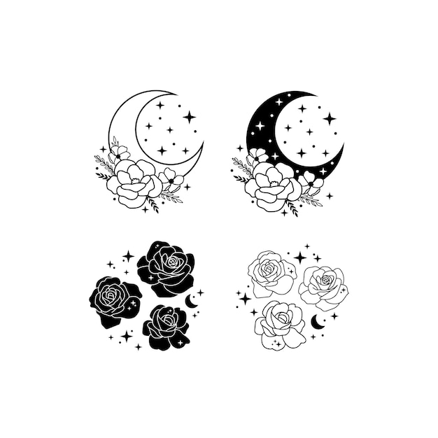 Bloeiende halve maan met bloemen en sterren vector illustraties set