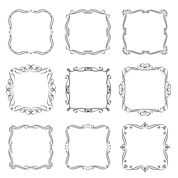 Bloeit vintage frames set. Kalligrafische ontwerpelementen, sierlijke rand, decoratieve typografie pagina sjabloon kaart uitnodiging. Monogram retro etiketten.