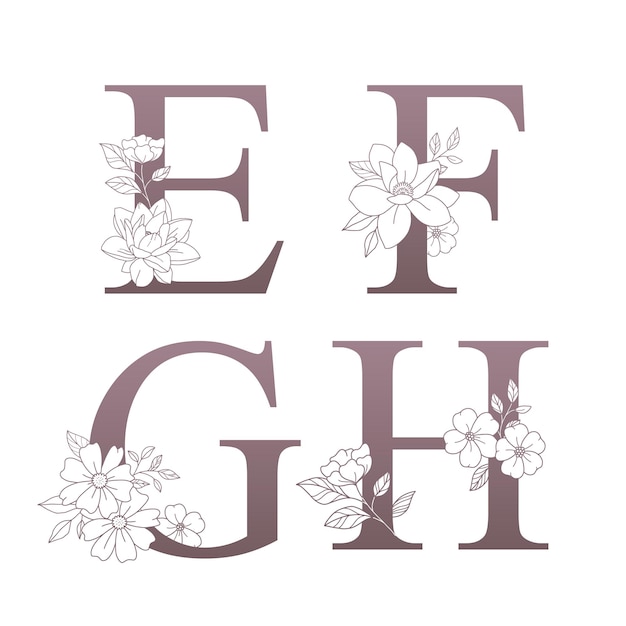 Vector bloem alfabet set van logo e f g h met met de hand getekende bloemen en bladeren voor bruiloftsuitnodiging