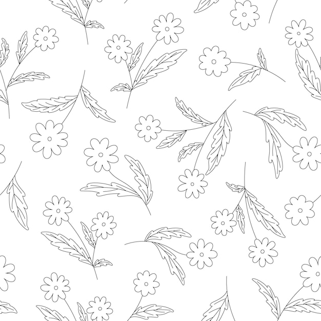 Bloem blad naadloos patroon weide zwarte lijn Bewerkbare beroerte plant print beddengoed ditsy stijl wrap papier interieur design stof seizoensgebonden kleurboek natuurlijke bloemen vintage witte achtergrond
