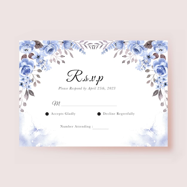 Bloem blauw aquarel bruiloft rsvp kaartsjabloon