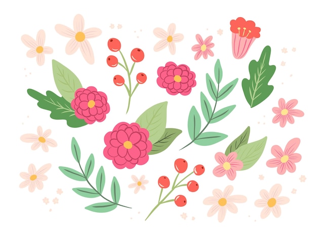 Bloem collectie met bladeren lente bloemen botanische elementen hand getrokken vectorillustratie