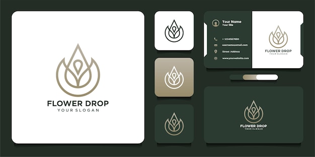 Bloem drop logo ontwerp met lijn art stijl en visitekaartje