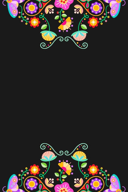 Bloem en insecten folk design element frame op zwarte achtergrond vector