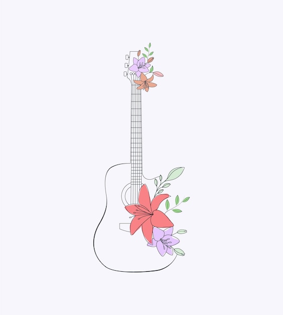 Vector bloem gitaar platte hand getrokken lijn kunst illustratie muziekinstrument vector