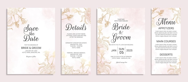 Bloem gouden bruiloft uitnodigingskaart sjabloon set met aquarel bladeren decoratie