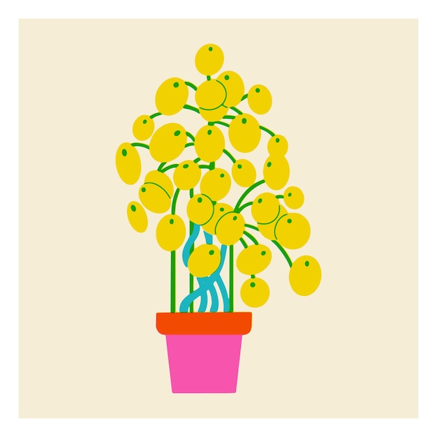 Vector bloem in een pot huisplantpictogram met bladeren in risograph-stijl contrasterende driekleurige vectorillustratie